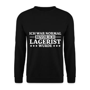 Lagerist Spruch Logistik Lustige Lagerist Geschenk - Unisex Pullover - Schwarz - Vorne - Alina (178cm) & Michal (187cm)