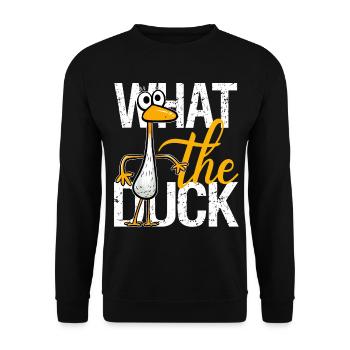 Was zum Teufel humorvolles Zitat skurriles lustiges Entenwort - Unisex Pullover - Schwarz - Vorne - Alina (178cm) & Michal (187cm)