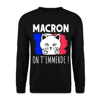 Macron On T'Emmerde ! Chat Chaton Humour - Sweat-shirt Unisexe - noir - Devant - Alina (178cm) & Michal (187cm)