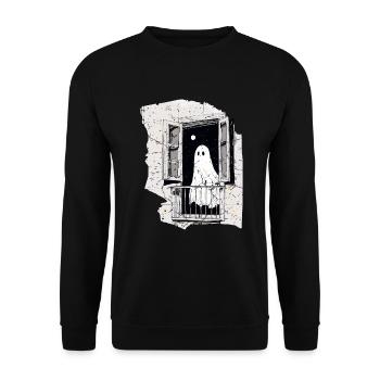 Spooky Ghost in the Window vintage, Buh, Halloween - Unisex Pullover - Schwarz - Vorne - Alina (178cm) & Michal (187cm)