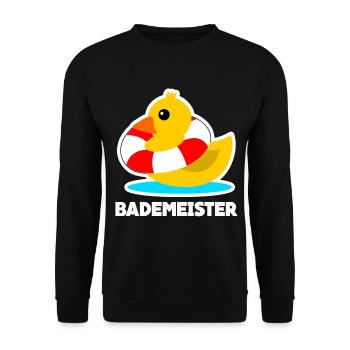 Bademeister Bade Ente und Rettungsring - Unisex Pullover - Schwarz - Vorne - Alina (178cm) & Michal (187cm)