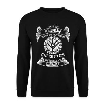 Wikinger - Schildmaid Walhalla Spruch - Unisex Pullover - Schwarz - Vorne - Alina (178cm) & Michal (187cm)