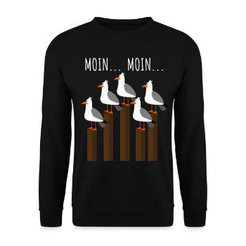 Möwe mit Möwen am Meer mit Moin Spruch - Unisex Pullover - Schwarz - Vorne - Alina (178cm) & Michal (187cm)