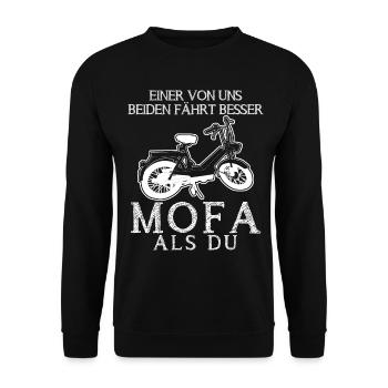 Mofa lustiger Moped Spruch Besser als du - Unisex Pullover - Schwarz - Vorne - Alina (178cm) & Michal (187cm)