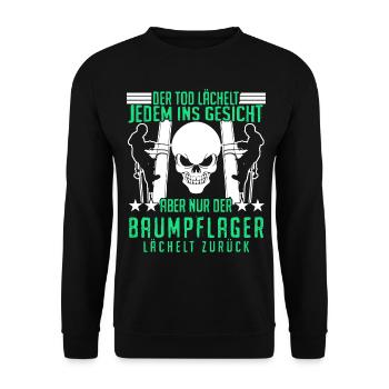 Baumpfleger lustiger Spruch mit Schädel - Unisex Pullover - Schwarz - Vorne - Alina (178cm) & Michal (187cm)