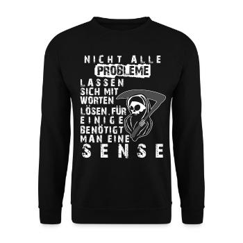 Sensenmann Problemlöser Spruch - Unisex Pullover - Schwarz - Vorne - Alina (178cm) & Michal (187cm)