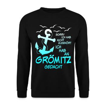 Grömitz Spruch mit Anker - Unisex Pullover - Schwarz - Vorne - Alina (178cm) & Michal (187cm)