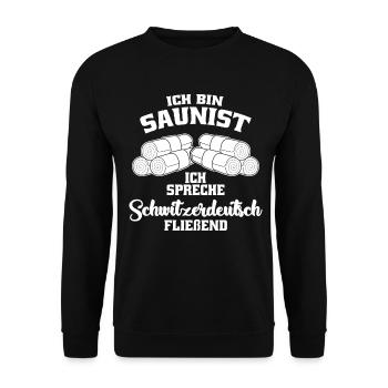 Sauna Wellness Spruch - Schwitzerdeutsch - Unisex Pullover - Schwarz - Vorne - Alina (178cm) & Michal (187cm)