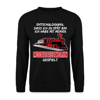 Modellbahner Eisenbahn Modelleisenbahn - Unisex Pullover - Schwarz - Vorne - Alina (178cm) & Michal (187cm)