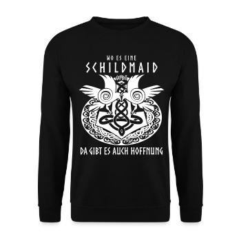 Schildmaid Wikinger Frau Berserker - Unisex Pullover - Schwarz - Vorne - Alina (178cm) & Michal (187cm)