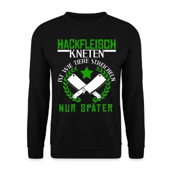 Metzger Fleischer Hackfleisch kneten - Unisex Pullover - Schwarz - Vorne - Alina (178cm) & Michal (187cm)