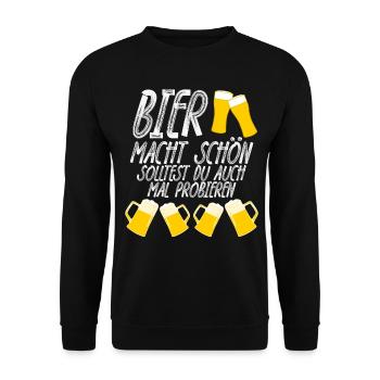 Bier macht schön Bierspruch - Unisex Pullover - Schwarz - Vorne - Alina (178cm) & Michal (187cm)