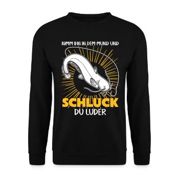 Waller Angler Fisch Angeln Angelsport - Unisex Pullover - Schwarz - Vorne - Alina (178cm) & Michal (187cm)