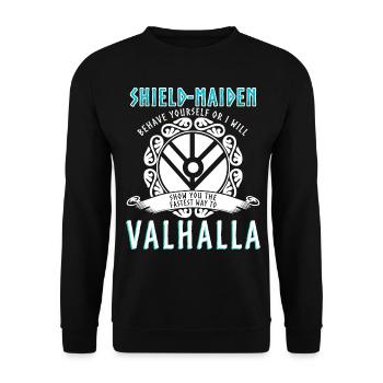 Schildmaid Spruch Wikinger - Unisex Pullover - Schwarz - Vorne - Alina (178cm) & Michal (187cm)
