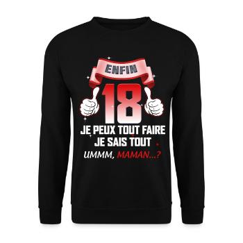 Enfin 18 ans Je Sais Tout Humour Anniversaire 18 - Sweat-shirt Unisexe - noir - Devant - Alina (178cm) & Michal (187cm)