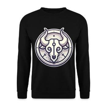 Minimalistisches Bullenschädel-Abzeichen-Design - Unisex Pullover - Schwarz - Vorne - Alina (178cm) & Michal (187cm)