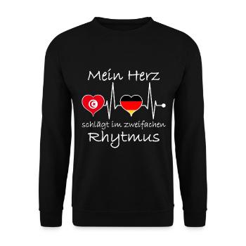 Tunesien Deutschland Flagge Herz Fahne Herzschlag - Unisex Pullover - Schwarz - Vorne - Alina (178cm) & Michal (187cm)