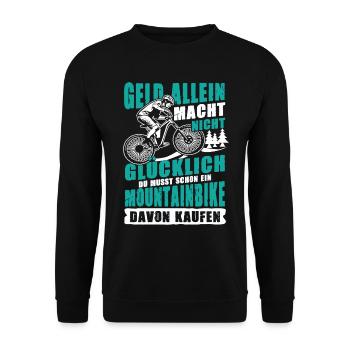 Mountainbike Mountainbiker Geld Glück Kaufen - Unisex Pullover - Schwarz - Vorne - Alina (178cm) & Michal (187cm)