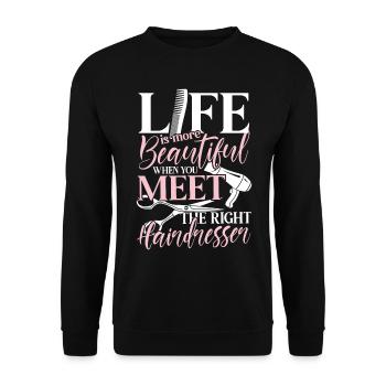 Der richtige Friseur - Friseurin Spruch Salon - Unisex Pullover - Schwarz - Vorne - Alina (178cm) & Michal (187cm)