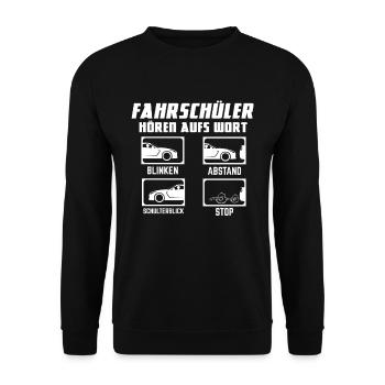 Fahrschüler Hören Aufs Wort - Fahrschule Prüfung - Unisex Pullover - Schwarz - Vorne - Alina (178cm) & Michal (187cm)