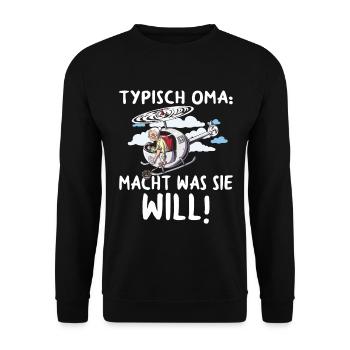 Typisch Oma Teppichklopfer Hubschrauber Aufpassen - Unisex Pullover - Schwarz - Vorne - Alina (178cm) & Michal (187cm)