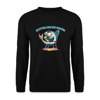 Norddeutsch - Butter bei die Fische - Unisex Pullover - Schwarz - Vorne - Alina (178cm) & Michal (187cm)
