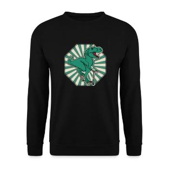 Retro Sonnenschein mit Dino T-Rex Stunt Scooter - Unisex Pullover - Schwarz - Vorne - Alina (178cm) & Michal (187cm)