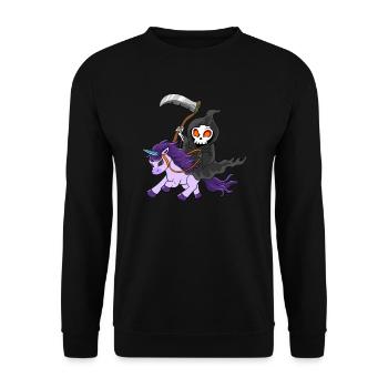Cooles Einhorn als Zombie mit Gevater Tod - Unisex Pullover - Schwarz - Vorne - Alina (178cm) & Michal (187cm)