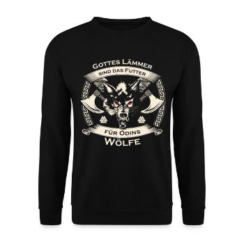 Gottes Lämmer sind das Futter für Odins Wölfe - Unisex Pullover - Schwarz - Vorne - Alina (178cm) & Michal (187cm)