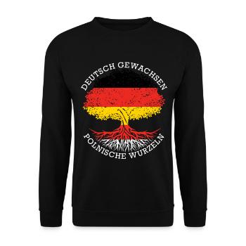 Deutsch Aufgewachsen Polnische Wurzeln - Unisex Pullover - Schwarz - Vorne - Alina (178cm) & Michal (187cm)