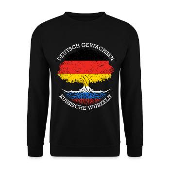 Deutsch Aufgewachsen Russische Wurzeln - Unisex Pullover - Schwarz - Vorne - Alina (178cm) & Michal (187cm)