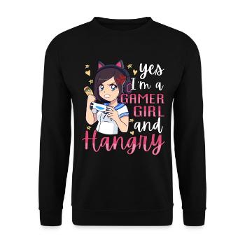 Yes I'm A Gamer Girl Hangry Angry Anime Hungry - Unisex Pullover - Schwarz - Vorne - Alina (178cm) & Michal (187cm)