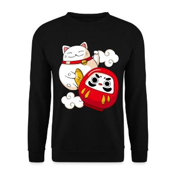 Funny Maneki Neko Cat Japanese Daruma Doll Kawaii - Sweat-shirt Unisexe - noir - Devant - Alina (178cm) & Michal (187cm)