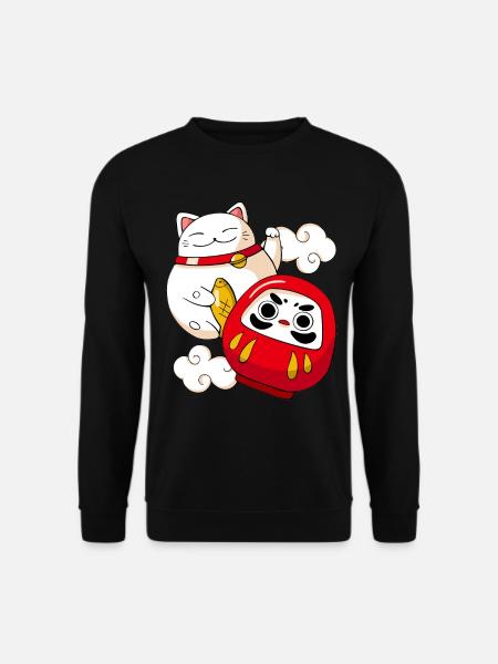 Funny Maneki Neko Cat Japanese Daruma Doll Kawaii - Unisex Pullover - Schwarz