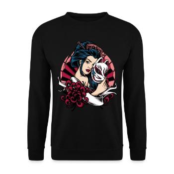 Anime Geisha Kimono Kitsune Mask Yokai Aesthetic - Unisex Pullover - Schwarz - Vorne - Alina (178cm) & Michal (187cm)