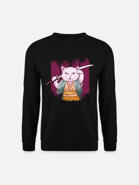 Japanese Samurai Maneki Neko Cat Katana Aesthetic - Unisex Sweatshirt - black