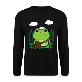 Cottagecore Aesthetic Kawaii Frosch spielt Banjo - Unisex Pullover - Schwarz - Vorne - Alina (178cm) & Michal (187cm)