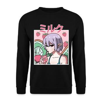 Fairycore Aesthetic Fee trinkt Erdbeermilch - Unisex Pullover - Schwarz - Vorne - Alina (178cm) & Michal (187cm)