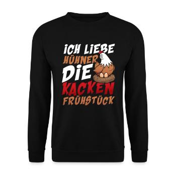 Ich liebe Hühner die kacken Frühstück - Unisex Pullover - Schwarz - Vorne - Alina (178cm) & Michal (187cm)