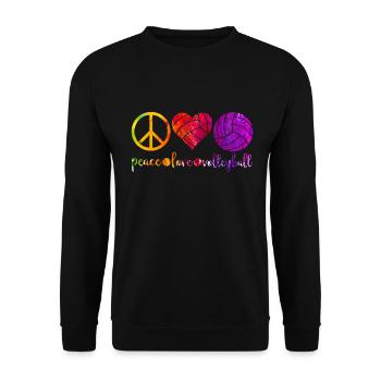 Peace Love und Volleyball in Regenbogen Farbklecks - Unisex Pullover - Schwarz - Vorne - Alina (178cm) & Michal (187cm)