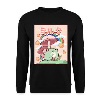 Cottagecore Aesthetic Kawaii Frosch Pfirsich-Milch - Unisex Pullover - Schwarz - Vorne - Alina (178cm) & Michal (187cm)