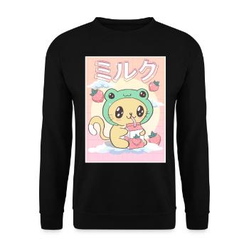 Japanese Aesthetic Kawaii Cat Frog Strawberry Milk - Unisex Sweatshirt - black - Front - Alina (178cm) & Michal (187cm)