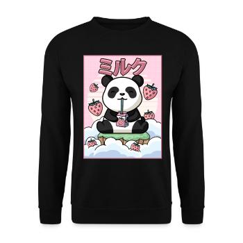 Japanese Aesthetic Kawaii Panda Bär Erdbeermilch G - Unisex Pullover - Schwarz - Vorne - Alina (178cm) & Michal (187cm)