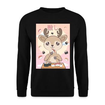 Japanese Aesthetic Cute Kawaii Hirsche Sushi Gesch - Unisex Pullover - Schwarz - Vorne - Alina (178cm) & Michal (187cm)