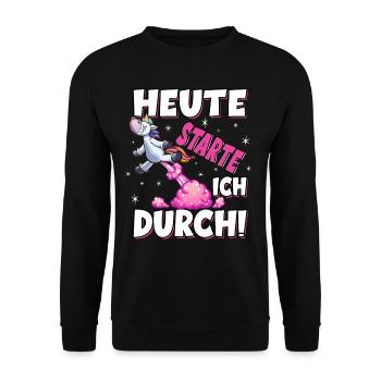 Heute Starte Ich Durch - Pupsen Einhorn - Unisex Pullover - Schwarz - Vorne - Alina (178cm) & Michal (187cm)
