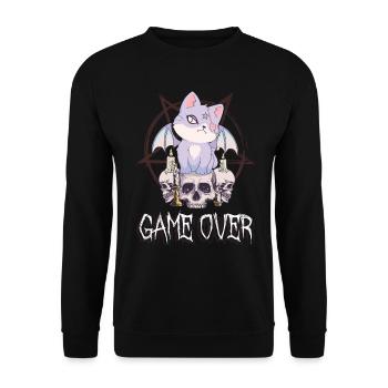 Katzenschädel Goth Game Over Pentagramm Okkultes G - Unisex Pullover - Schwarz - Vorne - Alina (178cm) & Michal (187cm)