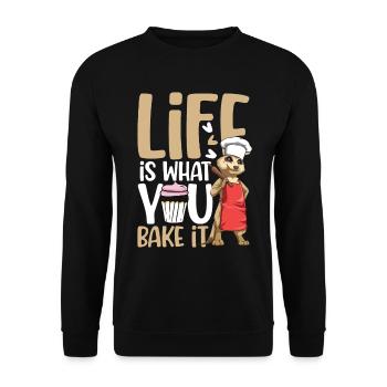 Life Is What You Bake it für einen Koch Köchin - Unisex Pullover - Schwarz - Vorne - Alina (178cm) & Michal (187cm)