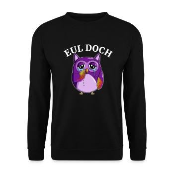Traurige kleine Dicke Violette Eule mit Spruch Eul - Unisex Pullover - Schwarz - Vorne - Alina (178cm) & Michal (187cm)