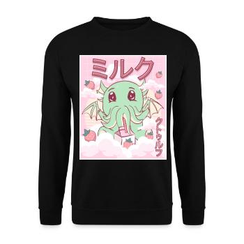 Kawaii Cthulhu Necronomicon Erdbeermilch - Unisex Pullover - Schwarz - Vorne - Alina (178cm) & Michal (187cm)