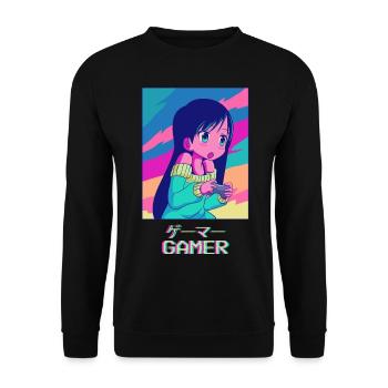 Gamer Anime Girl Japanisch Vaporwave Ästhetisches - Unisex Pullover - Schwarz - Vorne - Alina (178cm) & Michal (187cm)